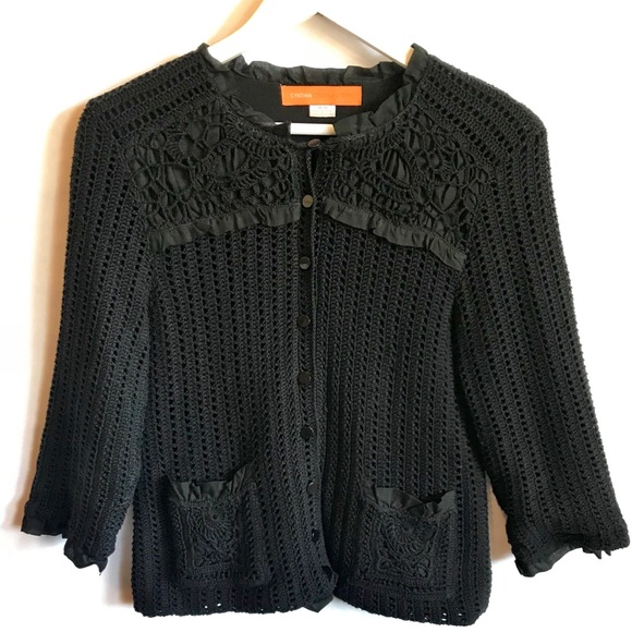 Cynthia Steffe Sweaters - CYNTHIA STEFFE Black Crochet Ruffle Cardigan